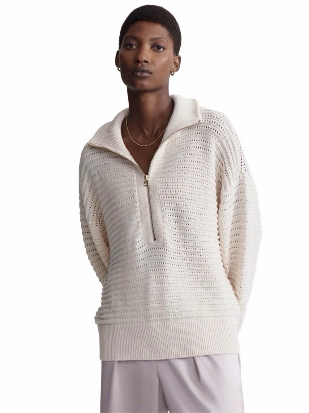 EUC Varley Cream Pointelle Half-Zip Sweater